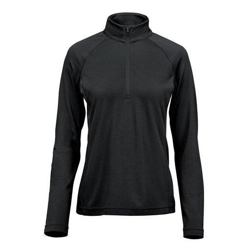 Women's Mesa 1/4 Zip Pullover - A black women's pullover with a quarter zip and long sleeves, featuring a subtle texture and a logo.