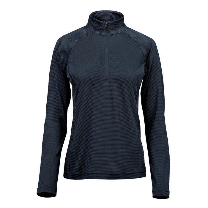 Women's Mesa 1/4 Zip Pullover - A women's navy 1/4 zip pullover featuring long sleeves and a stand-up collar, with a logo on the chest.