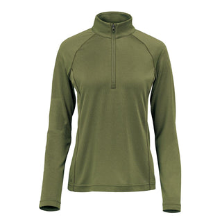 Women's Mesa 1/4 Zip Pullover - A women's pullover in olive green with a quarter zip and long sleeves, featuring a logo on the front.
