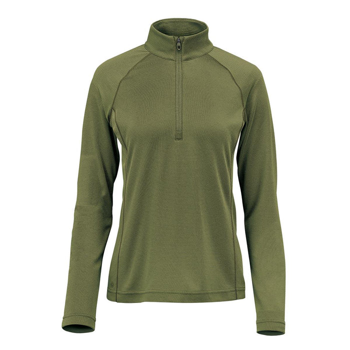 Women's Mesa 1/4 Zip Pullover - A women's pullover in olive green with a quarter zip and long sleeves, featuring a logo on the front.