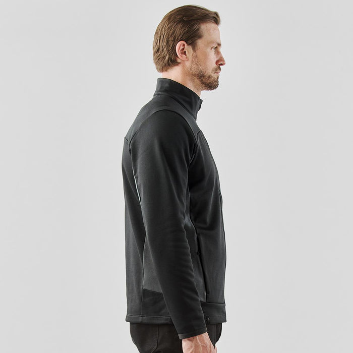 Men's Appaloosa Knit Jacket - A men's knit jacket in black, featuring a high collar and a fitted design. It includes a logo on the garment.