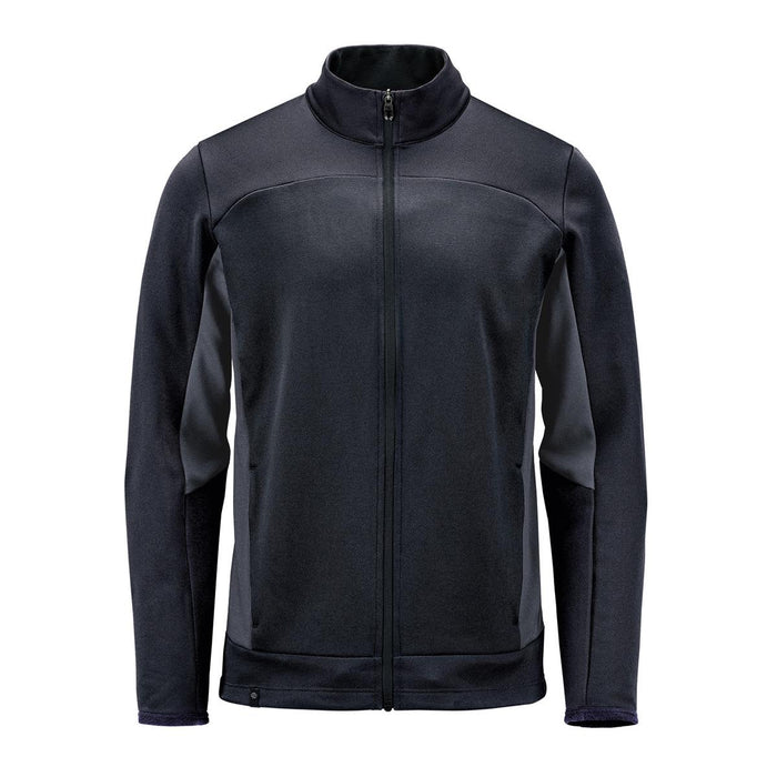 Men's Appaloosa Knit Jacket - A black knit jacket with a zip front, featuring contrasting panel details and a high collar. It has a logo on the design.