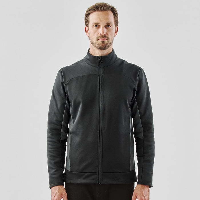 Men's Appaloosa Knit Jacket - A men's knit jacket in black with a zippered front and a high collar, featuring a logo on the side.