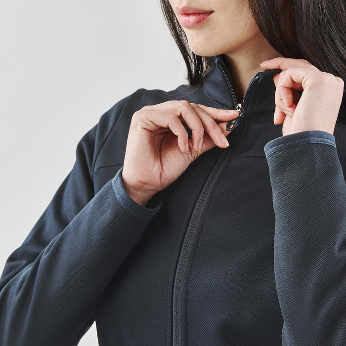 Women's Appaloosa Knit Jacket - A women's Appaloosa knit jacket in dark grey, featuring a zippered front and a close-up of the collar area.