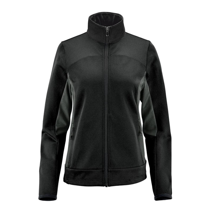 Women's Appaloosa Knit Jacket - A women's black knit jacket with a high collar and zippered front, featuring contrasting panel details and pockets.