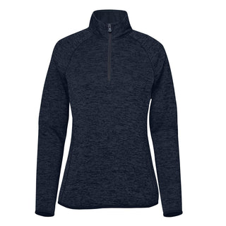 Women's Yosemite 1/2 Zip Fleece Jacket - A dark navy half-zip fleece jacket for women with long sleeves and a collar. Features a logo on the garment.