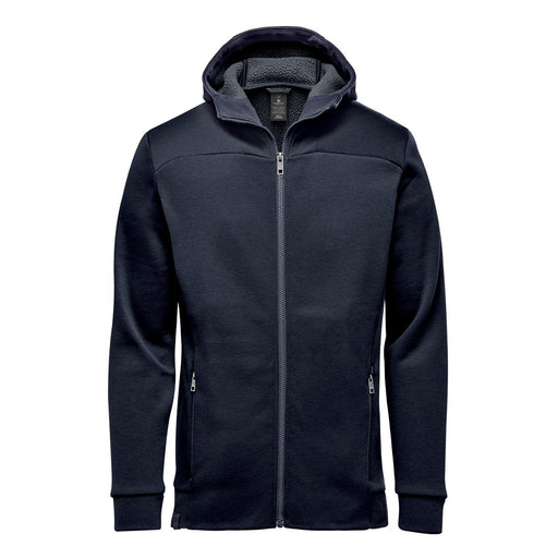 Men's Antares Performance Hoody - A navy blue men's hoodie with a full zip, featuring a hood and side pockets, and a logo on the chest.