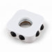 Decompression Finger Spinner - A white decompression finger spinner with three black buttons and a central bearing. It has a smooth, square design.