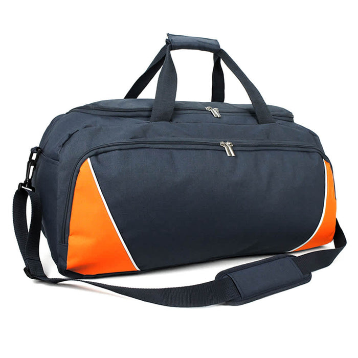 Sports Bag - A navy duffle bag with orange accents, featuring two zippered compartments and a detachable shoulder strap.