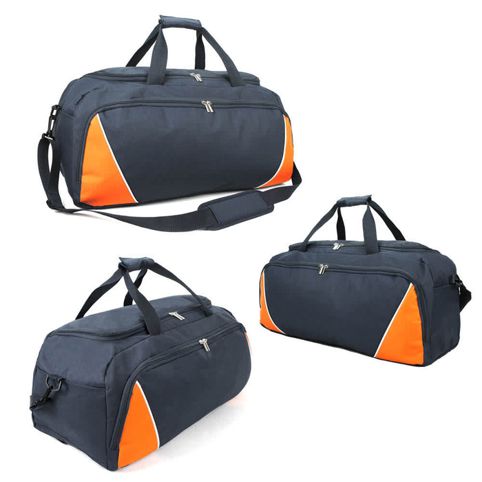 Sports Bag - A duffle bag in navy blue with orange accents, featuring handles and a shoulder strap, plus a logo.