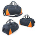 Sports Bag - A duffle bag in navy blue with orange accents, featuring handles and a shoulder strap, plus a logo.