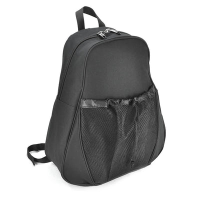 Perin Backpack - A black backpack with a mesh front pocket and dual zippered compartments. It features a logo on the front.