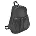 Perin Backpack - A black backpack with a mesh front pocket and dual zippered compartments. It features a logo on the front.