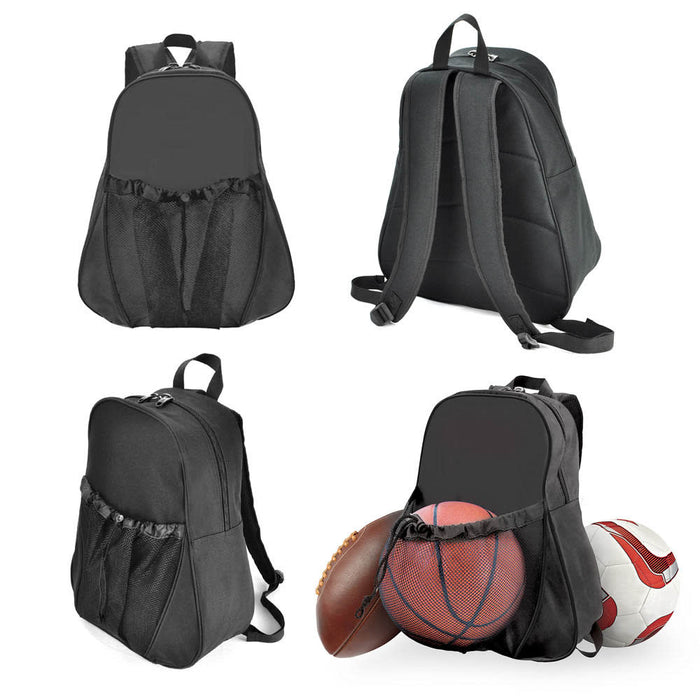 Perin Backpack - A black Perin backpack featuring multiple compartments and a mesh side pocket, displayed from various angles with sports balls.