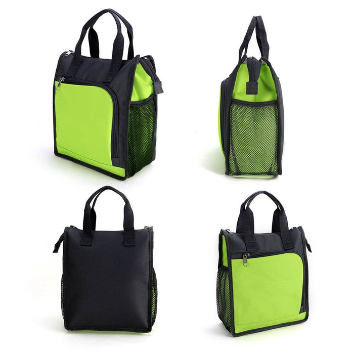 Arial Carry Bag - A carry bag in black and vibrant green, featuring multiple pockets and mesh side panels. It has shoulder handles.