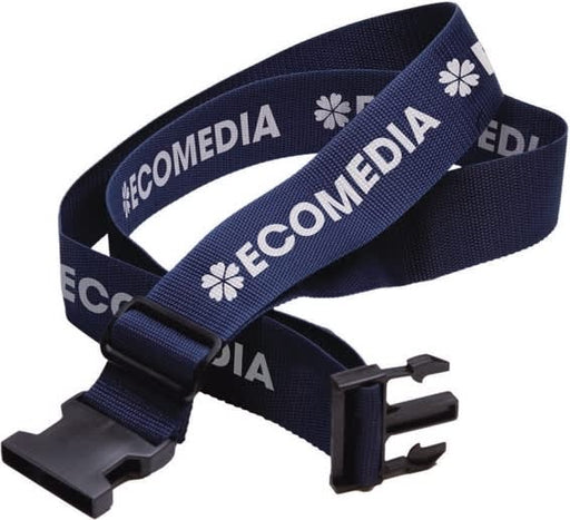 Destination Luggage Strap - A blue luggage strap featuring a logo, designed for securing bags. It has a buckle closure for convenience.