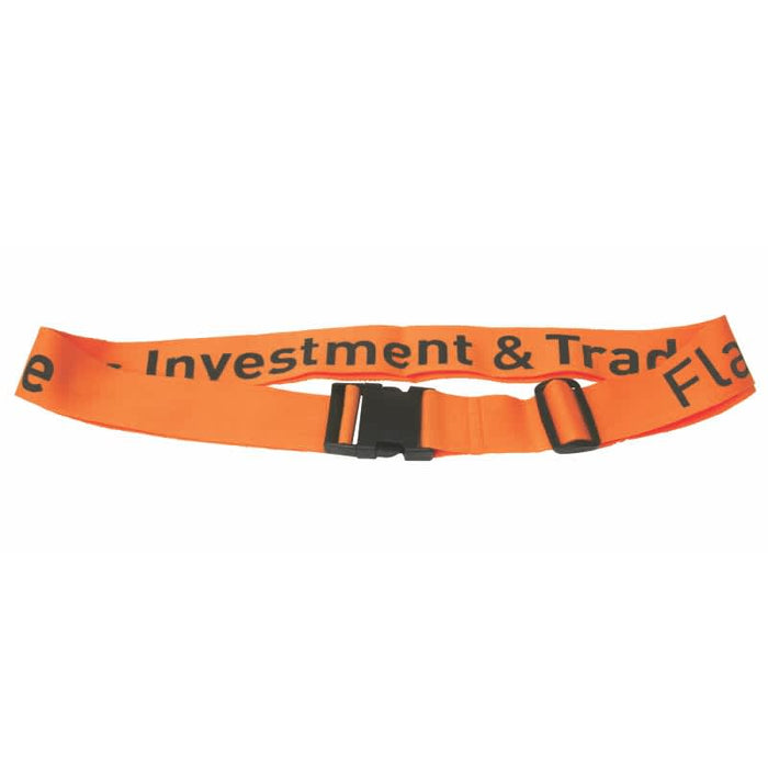 Destination Luggage Strap - An orange luggage strap with a buckle, featuring black text and a logo.