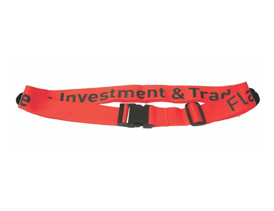 Destination Luggage Strap - A bright red luggage strap featuring adjustable buckles and a logo, designed for securing bags.