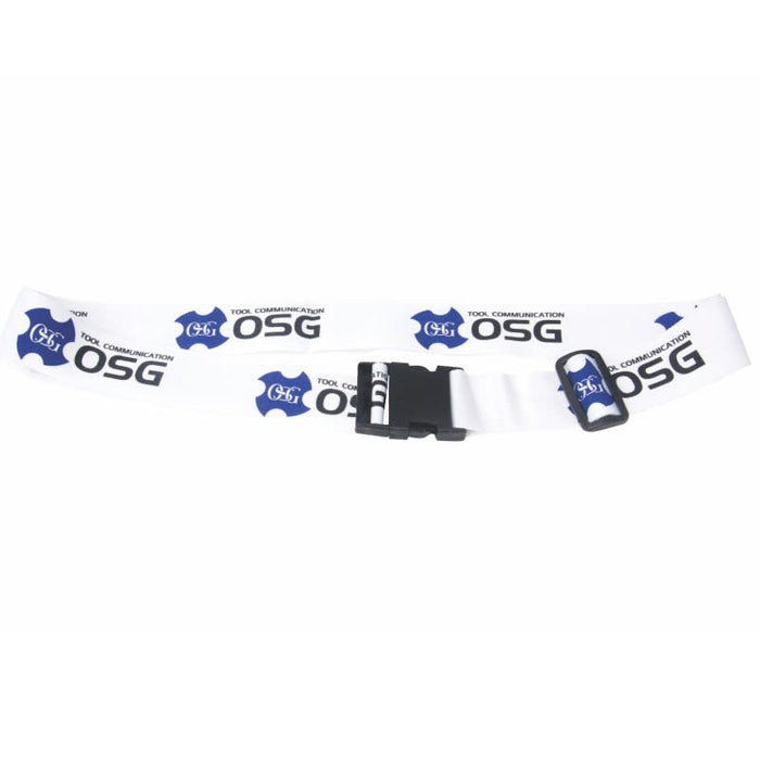 Destination Luggage Strap - A white luggage strap with blue branding and a black buckle.