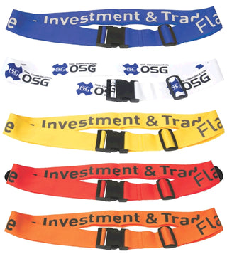 Destination Luggage Strap - Multiple luggage straps in blue, white, yellow, orange, and red, each featuring black clips and a logo.