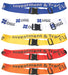 Destination Luggage Strap - Multiple luggage straps in blue, white, yellow, orange, and red, each featuring black clips and a logo.
