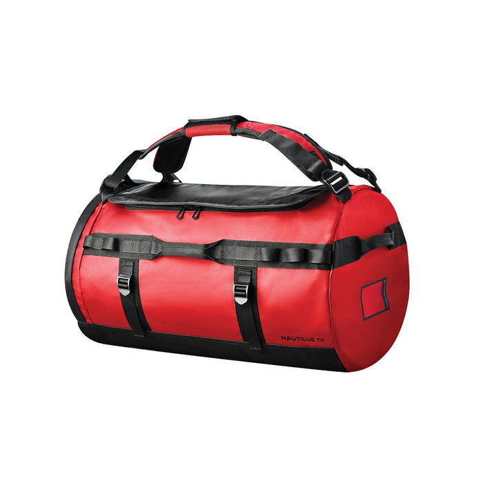 Nautilus Waterproof Duffle 70 - A red and black waterproof duffle bag with adjustable straps and a logo.