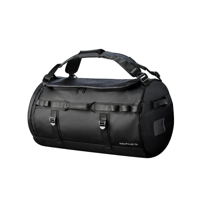 Nautilus Waterproof Duffle 70 - A black waterproof duffle bag with adjustable straps and a sturdy handle, featuring a logo.