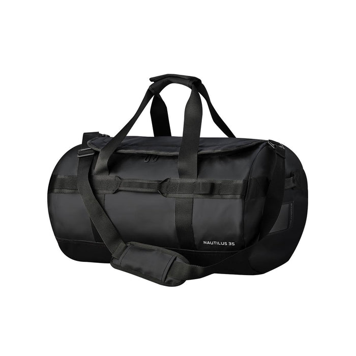 Nautilus Waterproof Duffle 35 - A black waterproof duffle bag with sturdy handles and a detachable shoulder strap, featuring a logo.