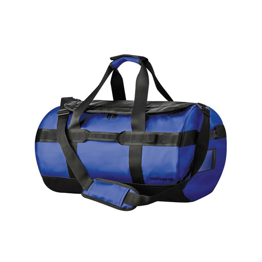 Nautilus Waterproof Duffle 35 - A waterproof duffle bag in blue and black, featuring adjustable straps and a logo on the side.
