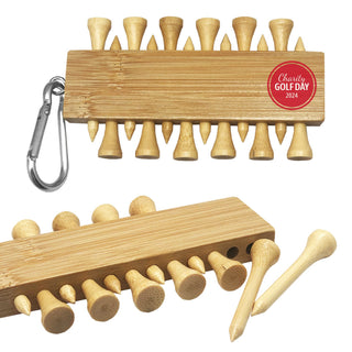 Bamboo Golf Tee Set - A bamboo golf tee set featuring natural wooden tees and a holder with a carabiner clip.