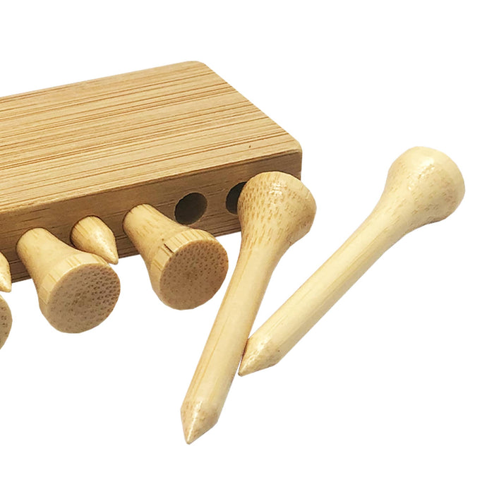 Bamboo Golf Tee Set - A bamboo golf tee set featuring natural-coloured wooden tees and a bamboo storage block.