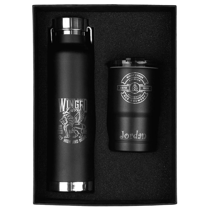 Thor Bluff Drink Bottle & Tumbler Gift Set - A drink bottle and tumbler gift set in black, featuring a logo on each item, presented in a sleek black box.