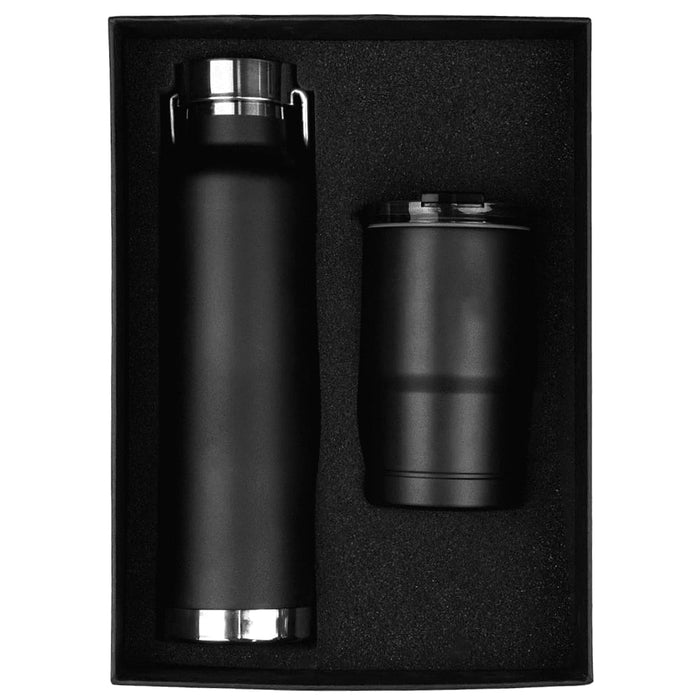 Thor Bluff Drink Bottle & Tumbler Gift Set - A drink bottle and tumbler set in black, presented in a black gift box with a textured interior.