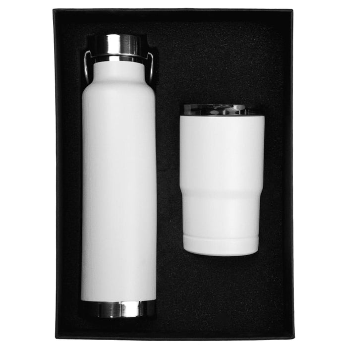 Thor Bluff Drink Bottle & Tumbler Gift Set - A drink bottle and tumbler gift set in white, presented in a black box. The set includes a bottle and a tumbler with a logo.