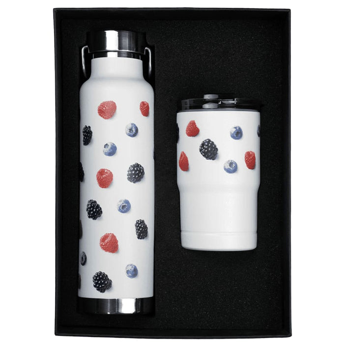 Thor Bluff Drink Bottle & Tumbler Gift Set - A drink bottle and tumbler gift set with a white background featuring red and blue berry patterns, presented in a black box.