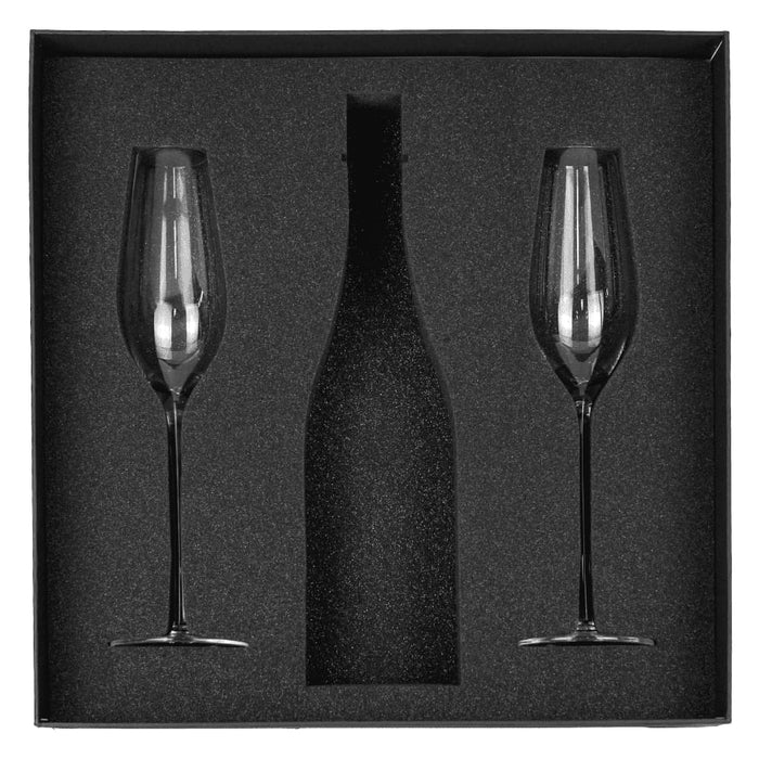 Champagne Flute Gift Set - A black Champagne flute gift set featuring two elegant flutes and a bottle, presented in a sleek black box.
