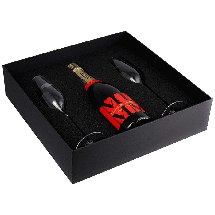 Champagne Flute Gift Set - A black gift box containing a bottle of champagne and two elegant glass flutes.