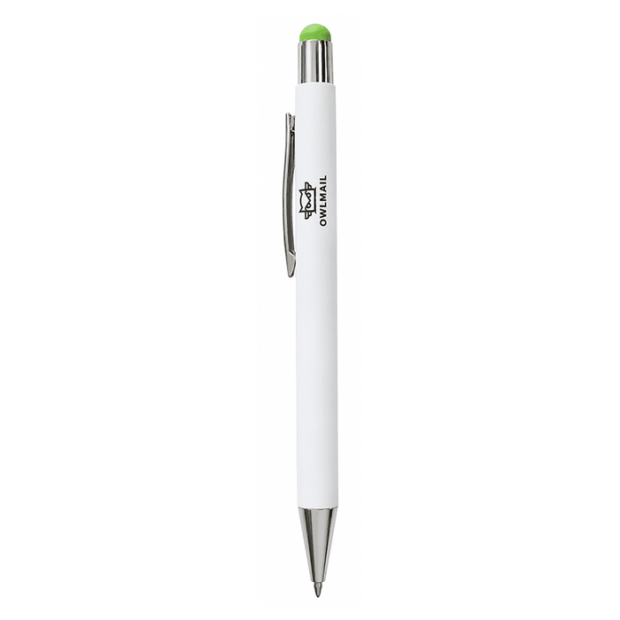Vitra Pen - A white pen with a chrome clip and a green rubber tip, featuring a logo on the barrel.