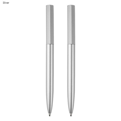 Valorias Elite Pen Gift Set - A silver pen gift set featuring two metal pens, elegantly designed with a sleek finish. Includes branding.