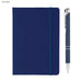 Alison A5 Notebook and Pen Gift Set - A dark blue A5 notebook with an elastic band and a matching pen, featuring a logo.