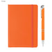 Alison A5 Notebook and Pen Gift Set - An orange A5 notebook with an elastic band and a matching pen set beside it. The notebook has a logo on the cover.