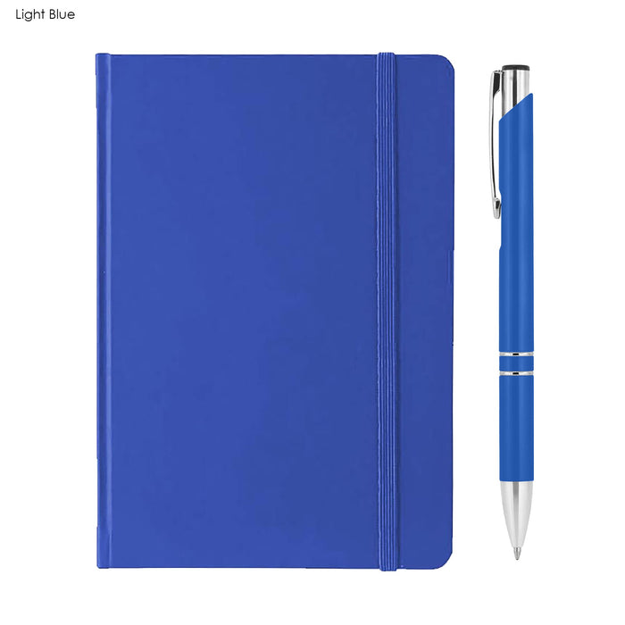 Alison A5 Notebook and Pen Gift Set - A light blue A5 notebook with a matching pen, featuring a branding logo on the pen.