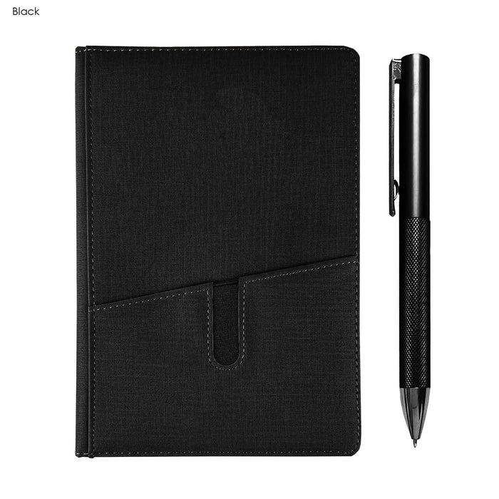 Isaly Notebook and Pen Gift Set - A black notebook with a textured cover and a sleek black pen, featuring a branding logo.