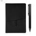 Isaly Notebook and Pen Gift Set - A black notebook with a textured cover and a sleek black pen, featuring a branding logo.