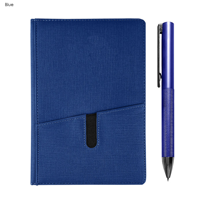 Isaly Notebook and Pen Gift Set - A blue notebook with a textured cover and a matching blue pen. The set includes a pocket for storing notes.
