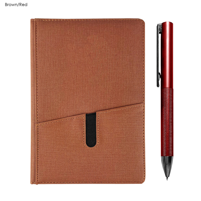 Isaly Notebook and Pen Gift Set - A brown notebook with a pocket and a red pen beside it, featuring a sleek design and a branding logo.