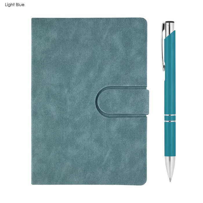 Rewiz Notebook and Pen Gift Set - A light blue notebook with a clasp and a matching pen, featuring a silver trim. The set includes a logo.