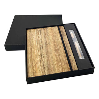Wood Look Notebook and Pen Gift Set - A wooden-look notebook and pen gift set in a black box, featuring a natural wood texture and elegant design.