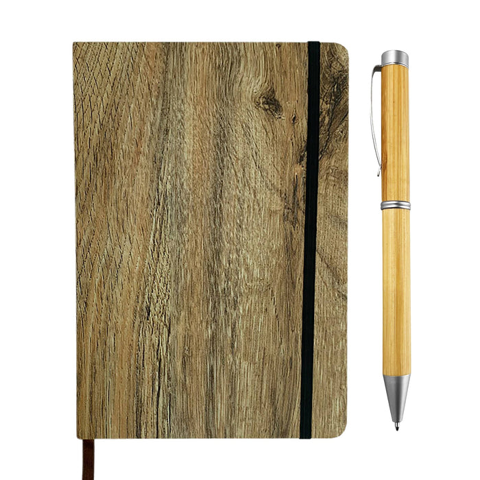 Wood Look Notebook and Pen Gift Set - A wood look notebook with a black elastic band, next to a bamboo pen featuring a silver tip.