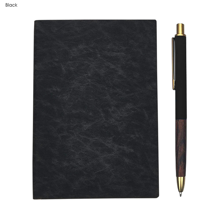 Falby Notebook and Pen Gift Set - A black notebook and a black pen with a wooden accent, featuring a logo on the pen.